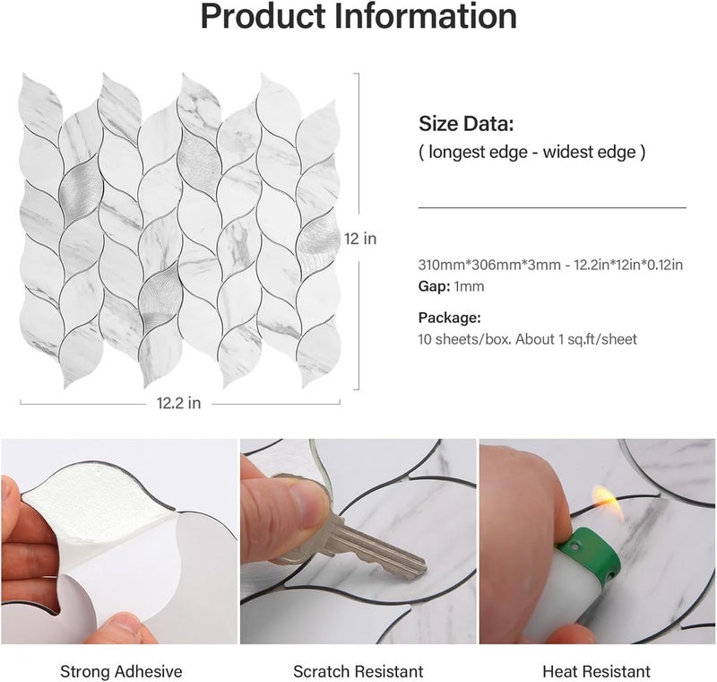 Tilingview 10-Sheet Peel and Stick Backsplash Tile for Kitchen, Self-Adhesive Mosaic Leaf Shape PVC Mixed Metal Wall Tile with Gaps (Leaf Gaps Marble) - Image 4